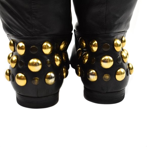GUCCI: Black Leather & Gold Studded, Moto Boots - Picture 6 of 10